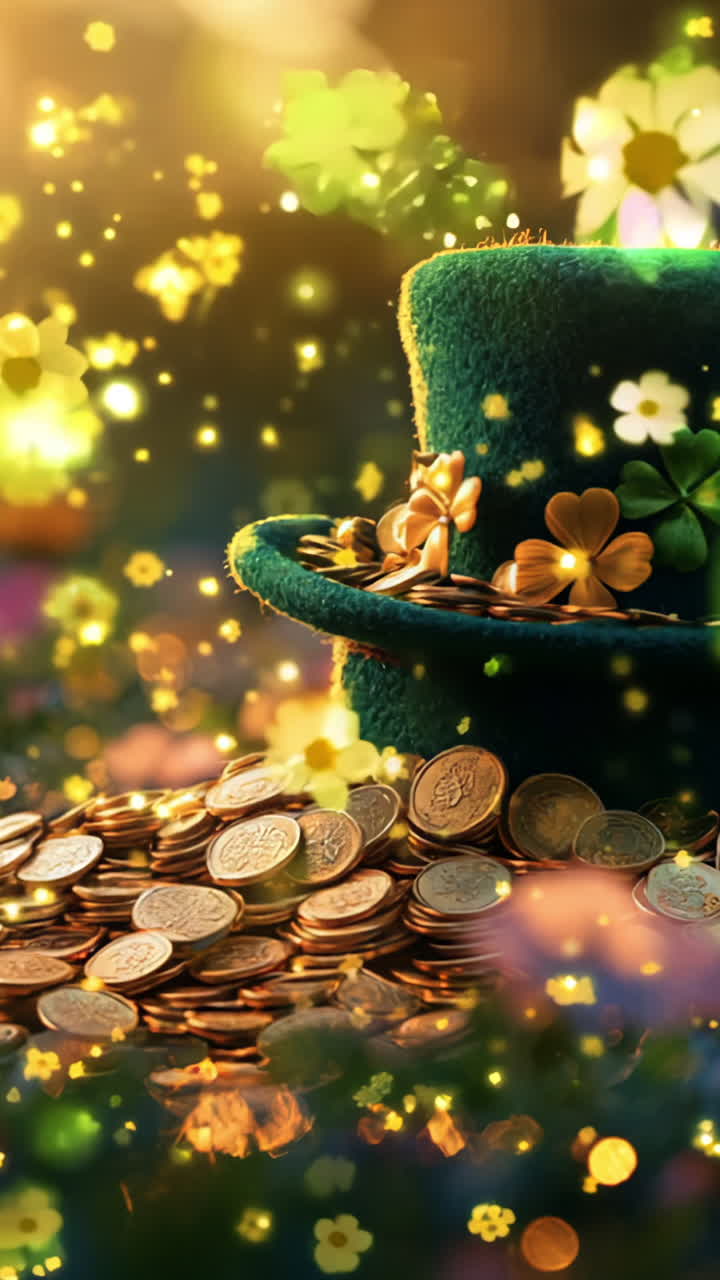 A green hat with shamrocks on it sits on a pile of gold coins. The scene is set in a field of flowers, creating a peaceful and serene atmosphere. The combination of the hat