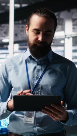 vertical video man briefing investors on server room machine learning hardware