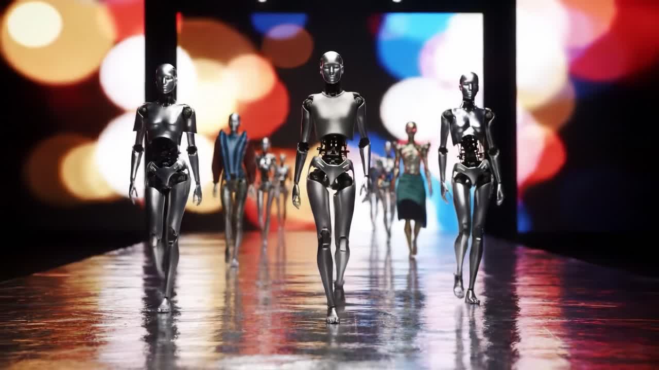 A vivid display features robotic models parading down a reflective runway. Colorful lights create a vibrant atmosphere, highlighting innovative designs and technology in fashion.