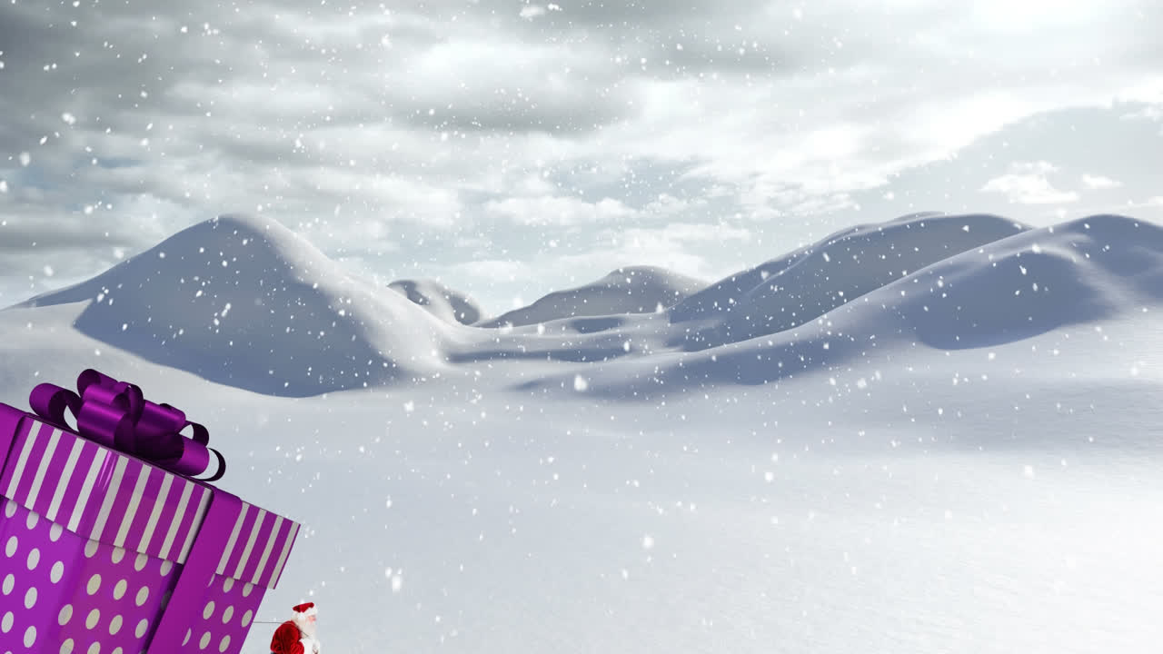 산타클로스가 거대한 크리스마스 선물과 겨울 풍경에 내리는 눈을 들고 있는 애니메이션
