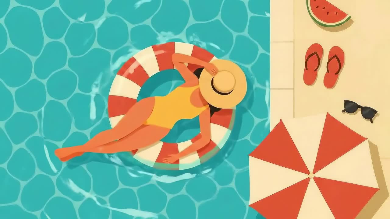Top-down video concept of summer relaxation by the pool, with vibrant colors and playful style
