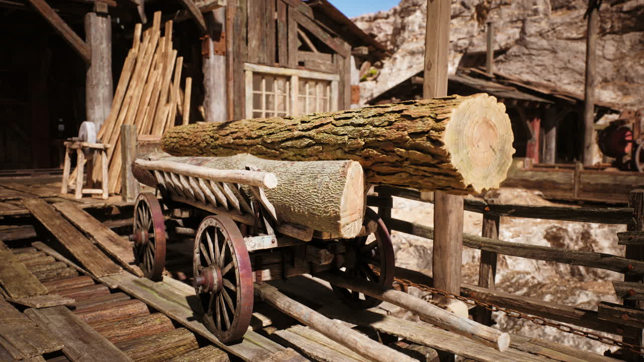 Old wooden cart carrying a large log in an abandoned mining area