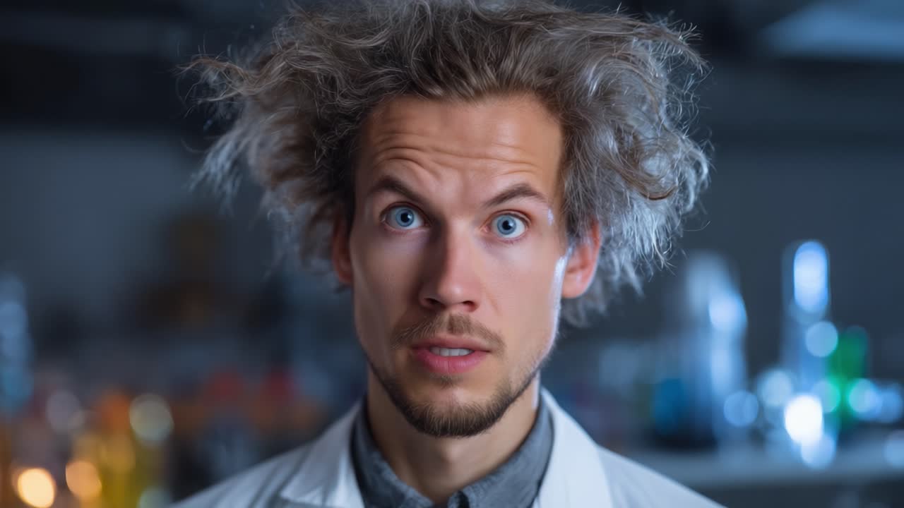 Overrasket forsker med vildt hår i et laboratoriemiljø, der indfanger øjeblikket af chok og nysgerrighed i et forskningsmiljø fyldt med farverigt laboratorieudstyr