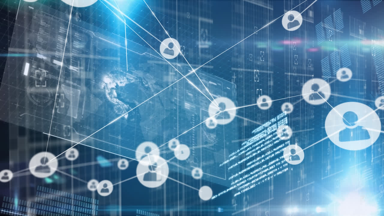 Animation of network of profile icons and data processing against light spot on blue background