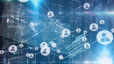 animation of network of profile icons and data processing against light spot on blue background