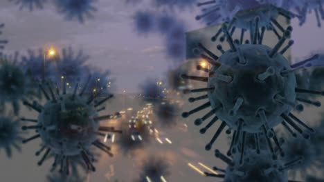 macro corona virus spreading with cityscape in the background