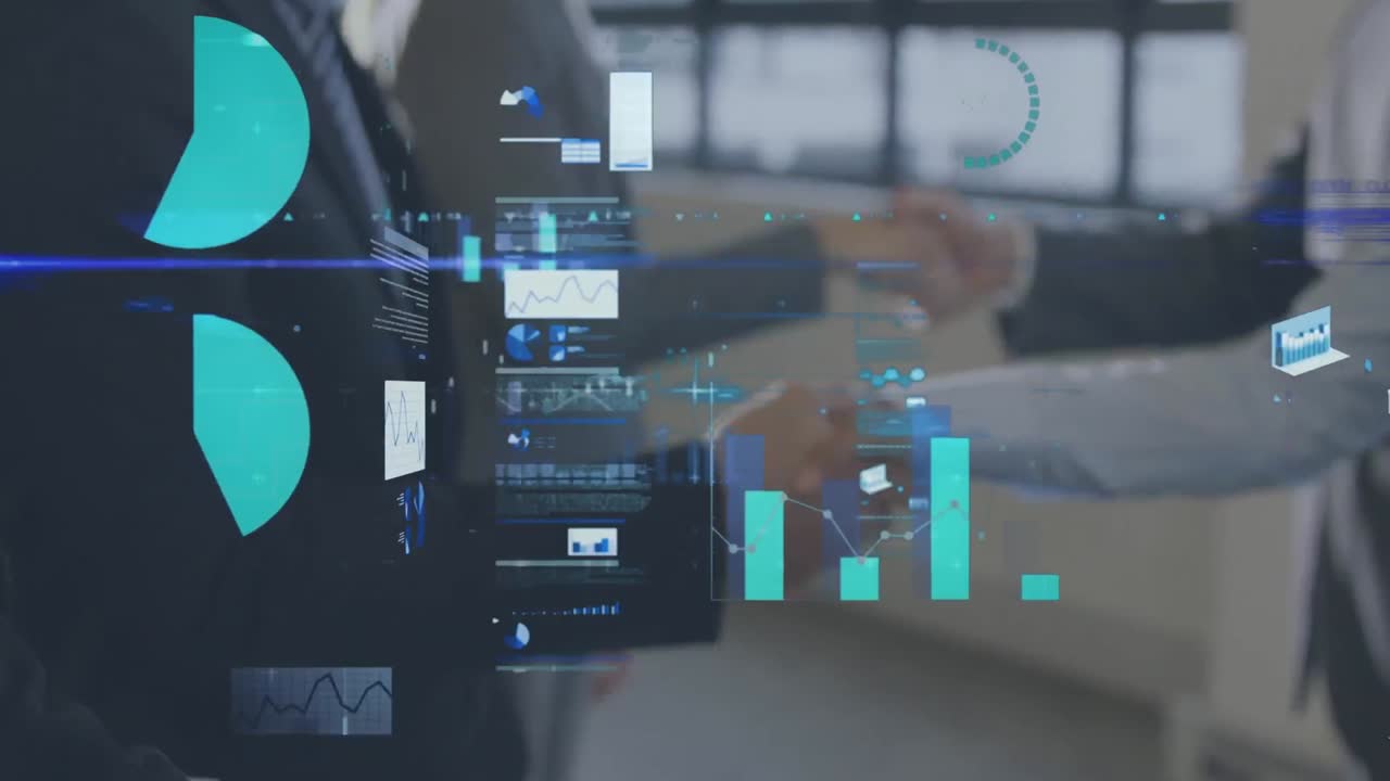 Animation of statistics and data processing over businessman handshake