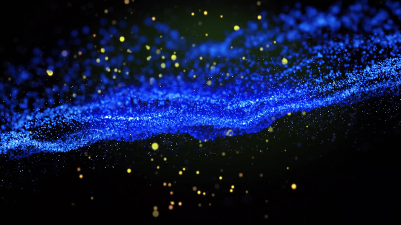 Blue particles and glowing yellow dots animation over dark background