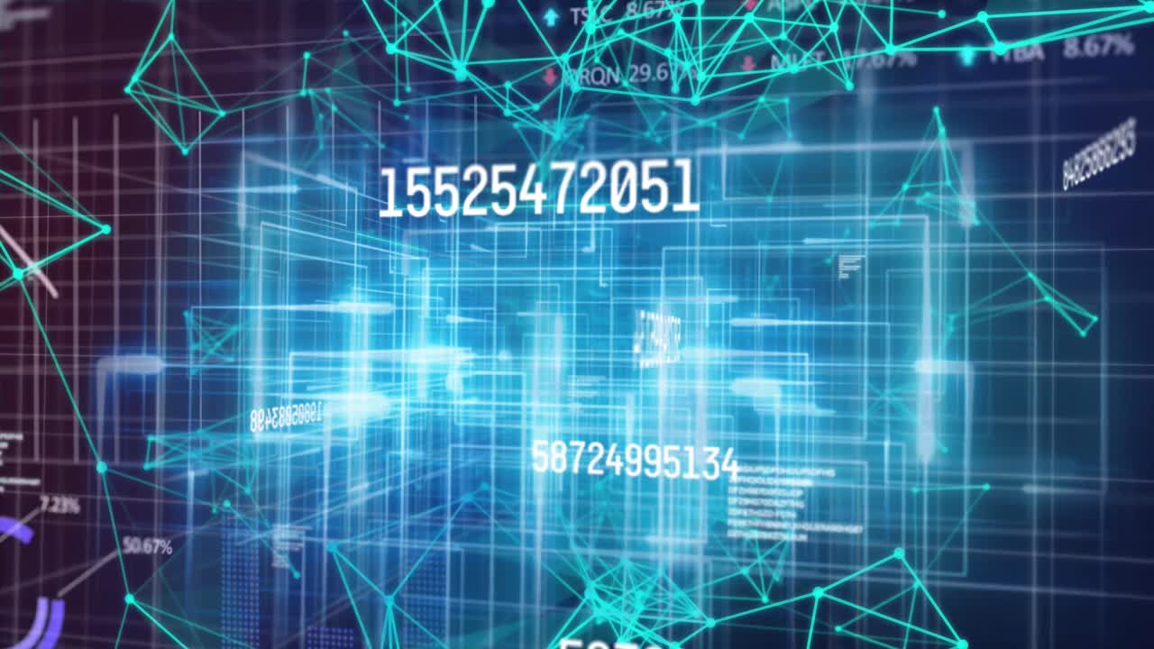 Animation of data processing and network of connections on black background