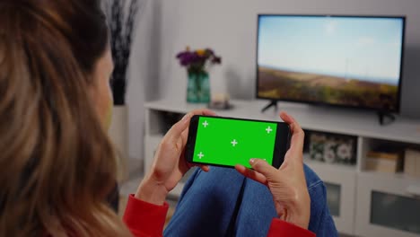 woman hand holding horinzontal green screen.