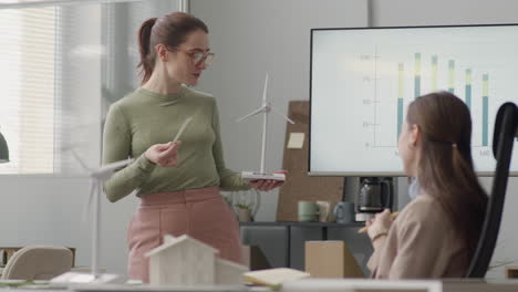 mujer de negocios explicando el modelo de aerogenerador durante una reunión en la oficina