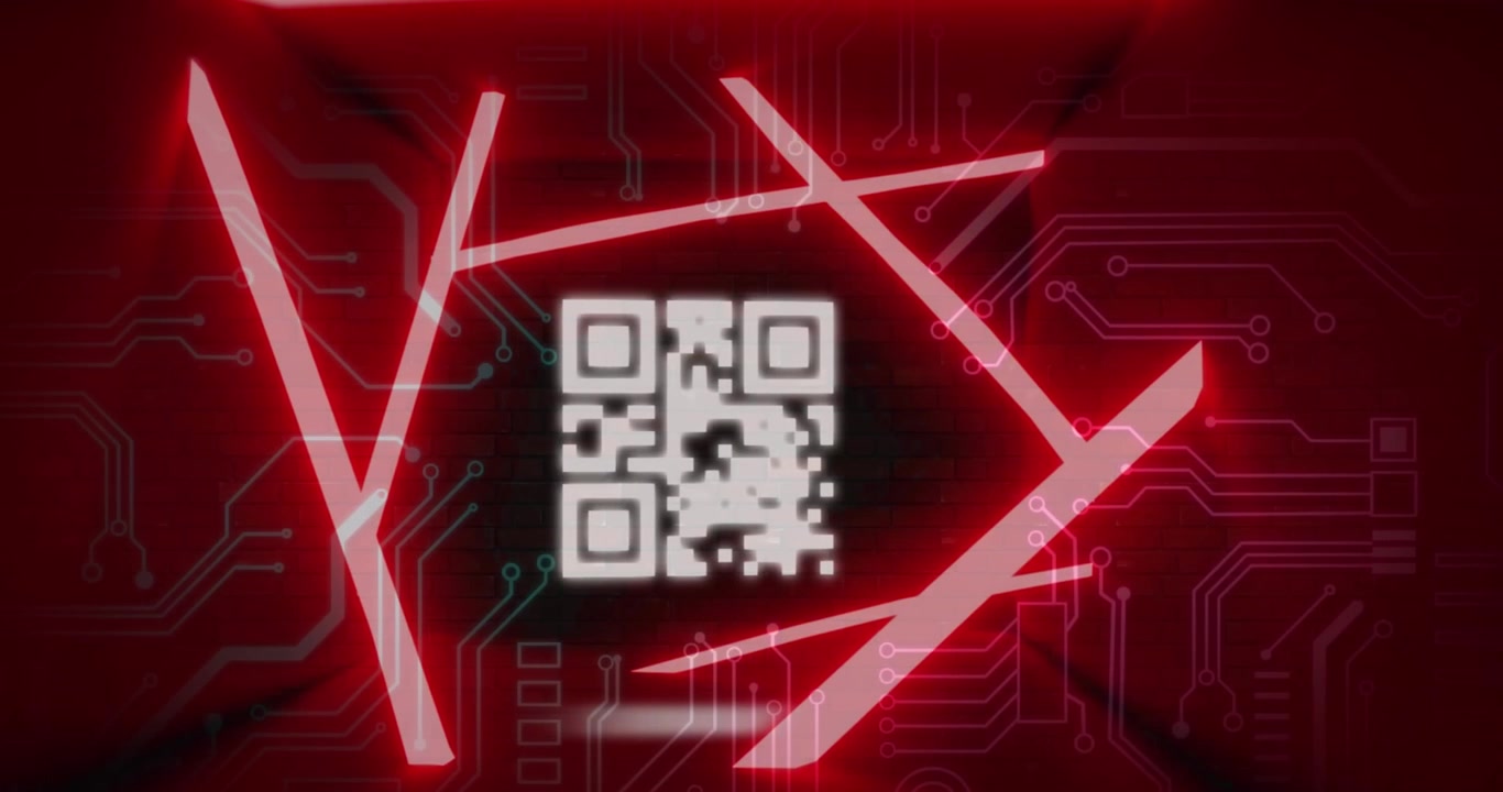 Animation of blinking qr code in abstract pattern and circuit board pattern against black background
