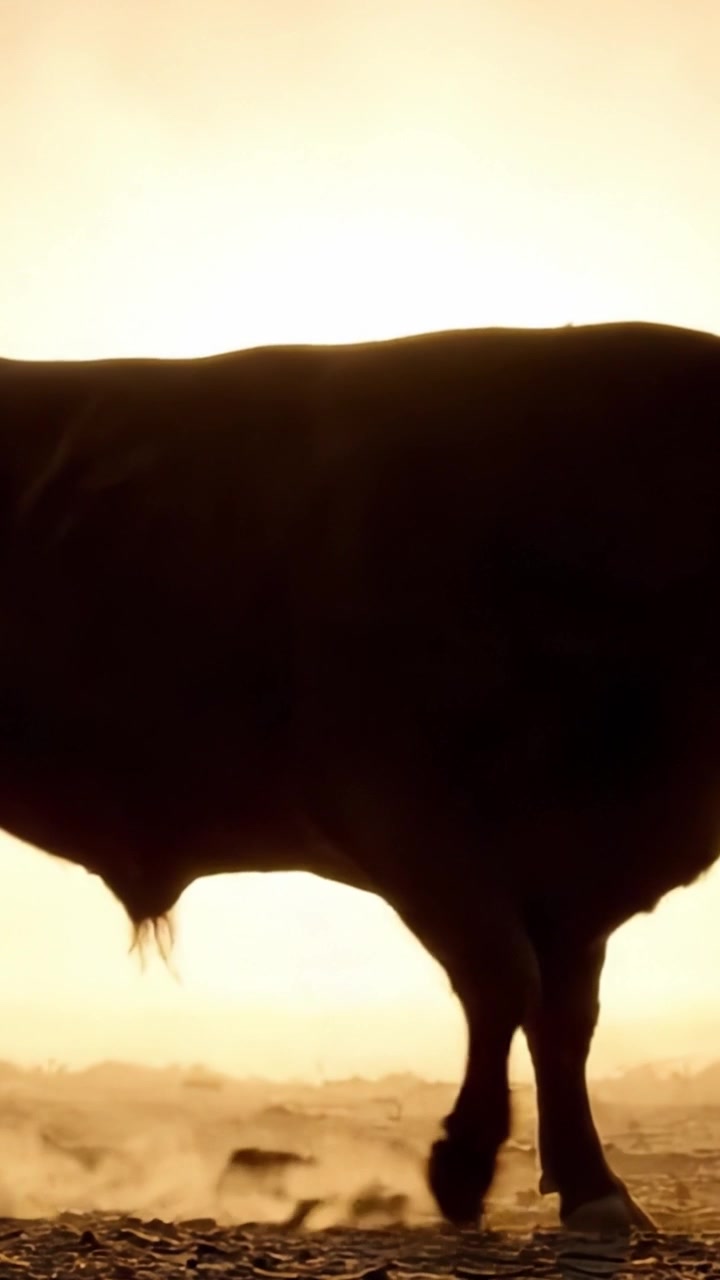 Toro maestoso sagomato contro un tramonto dorato, che cattura l'essenza della bellezza e della forza della natura in un paesaggio sereno