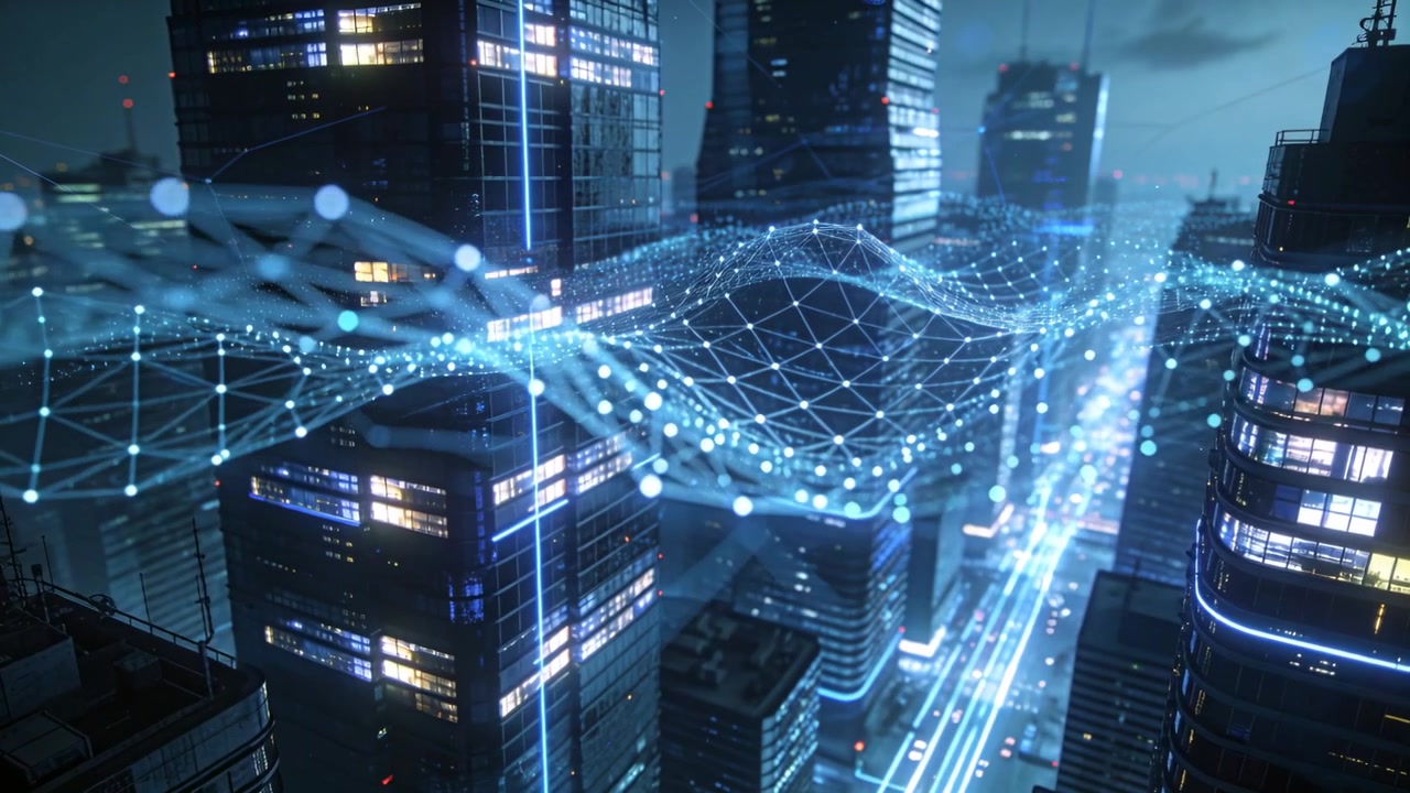 Appearing blue wireframe wave moving over city avenue, showing rising nodes across skyscrapers