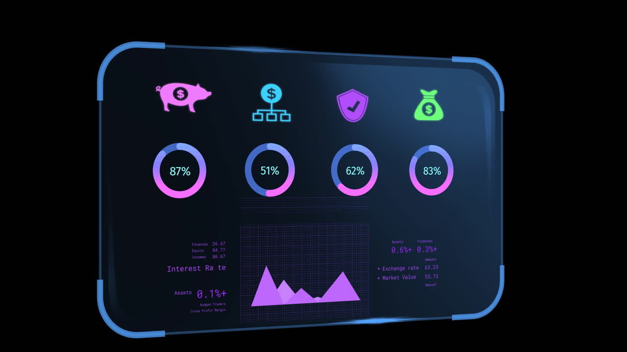 검은색 배경에 은행 데이터와 함께 화면의 애니메이션