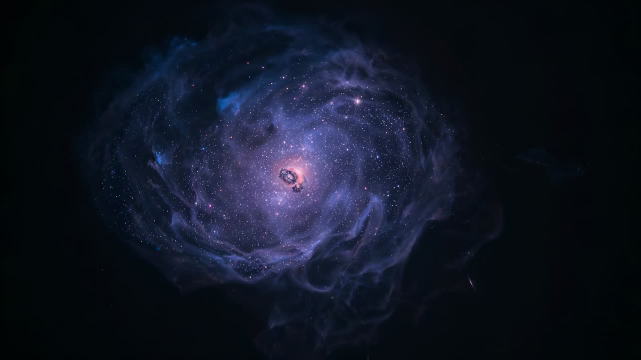 Frames begynder at vise spiralformede stjernetåger, der udvikler sig i område, og langsom rotation af en kompakt genstand dukker op