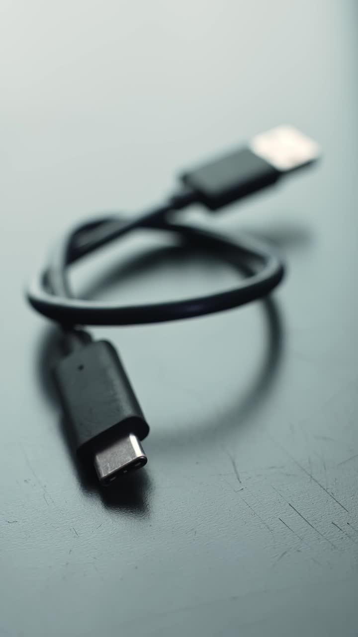 Vertical macro of USB-C to USB 3.0 adapter cable on a gray desk with soft bokeh and copy space, minimal tech vibe for charging and fast transfer