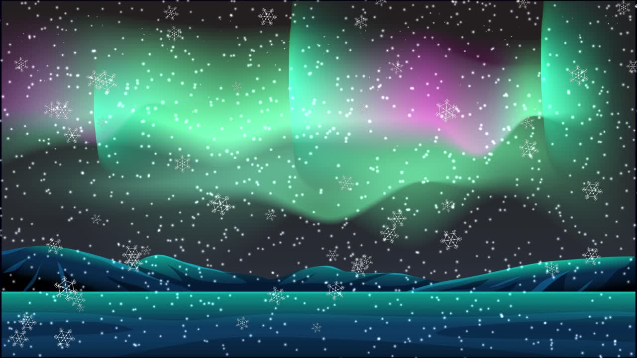 Aurora boreale verde e rosa brilla su un paesaggio montano innevato con fiocchi di neve che cadono.