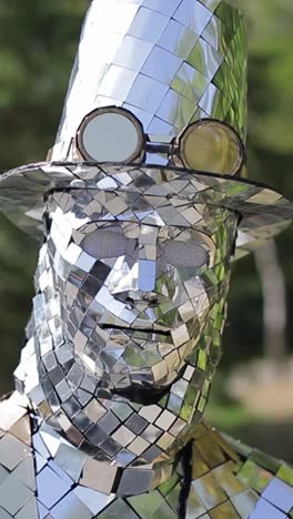 a person dressed in a reflective mirror mosaic costume with a top hat and goggles
