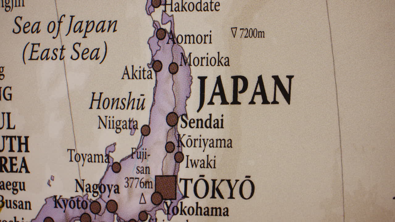 Close-up of a map showing Japan and surrounding regions