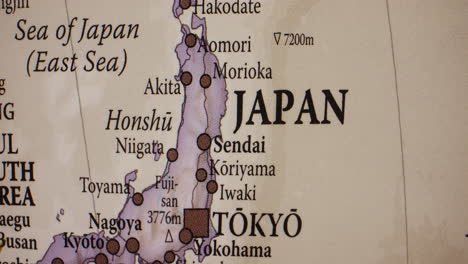 close-up of a map showing japan and surrounding regions