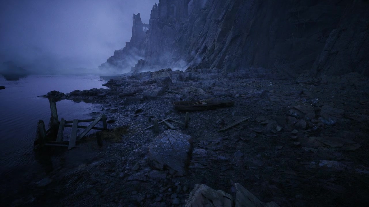 Glistening rocks and tidepools under faint moonlight ambiance