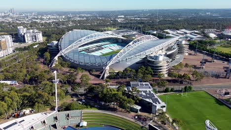 Dron-Aéreo-Parque-Olímpico-De-Sydney-Deportes-Entretenimiento-Estadio-Arena-Homebush-Terreno-De-Espectáculo-Atletismo-Lugar-Al-Aire-Libre-Concierto-Deportivo-Viajes-Turismo-Nueva-Gales-Del-Sur-Superdomo-Australia-4k