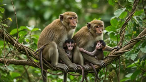 A Family of Monkeys Resting Together on a Branch Among Lush Greenery, Showcasing the Bond Between Parents and Their Young Ones in a Natural Habitat