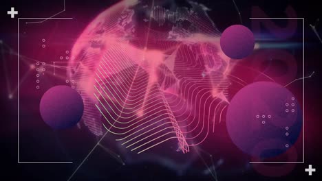 Animation-of-abstract-shapes-over-globe-of-plexus-networks-against-pink-background