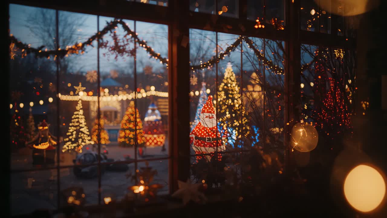 Shifting focus, camera capturing window garland and lit trees at dusk, revealing festive display