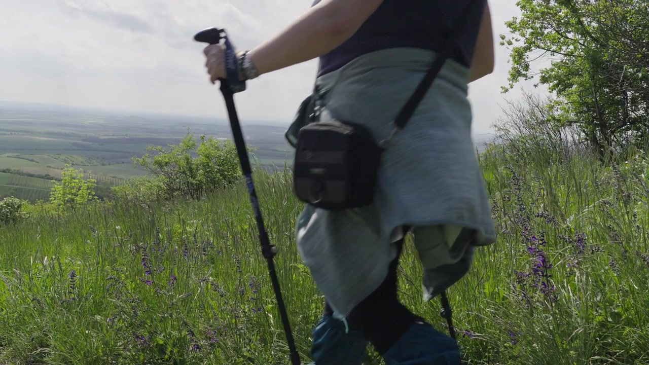 Una excursionista con bastones caminando por un prado en las tierras altas. Detrás de ella, un panorama de paisaje primaveral. Cámara lenta