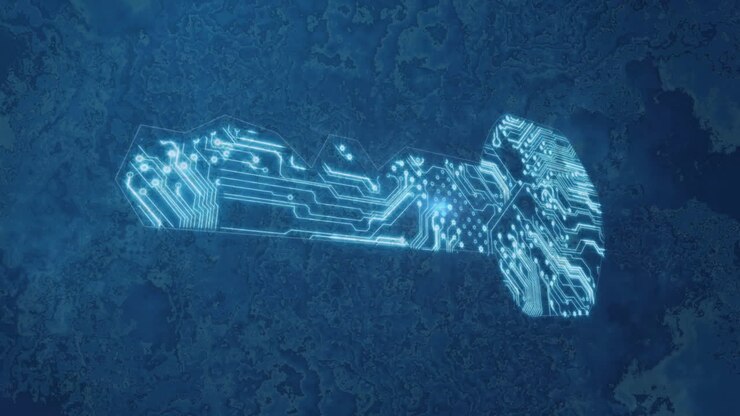 Animating digital circuit key over textured blue background