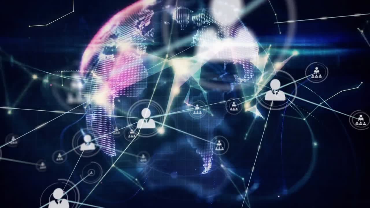 프로필 아이콘 네트워크, 플렉서스 네트워크의 회전 세계 및 파란 빛 트레일의 애니메이션