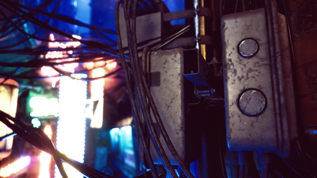 Complex network of cables illuminated by neon lights in urban environment