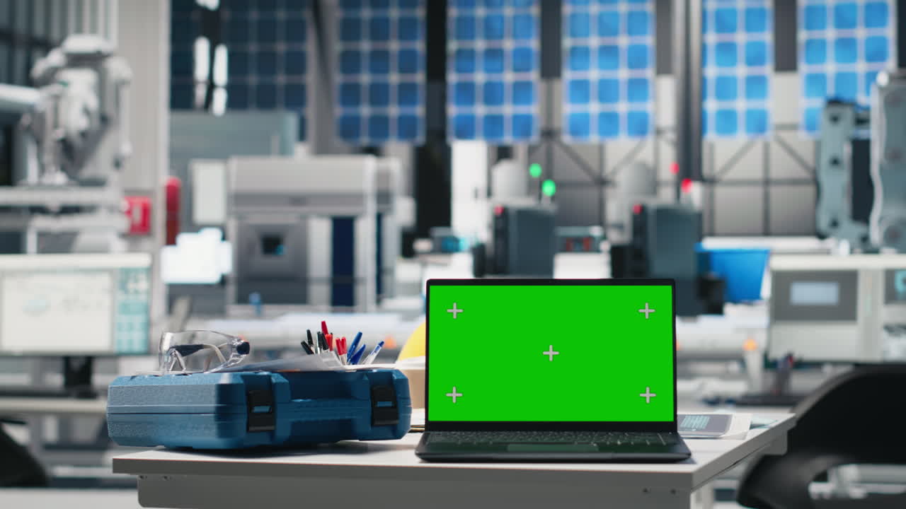 Laptop with green screen in a modern factory