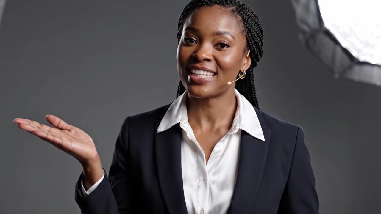 A Confident Professional Portrait Featuring a Smiling Woman in a Stylish Blazer and Collared Shirt, Captured in a Studio Setup with Soft Lighting for a Polished Look