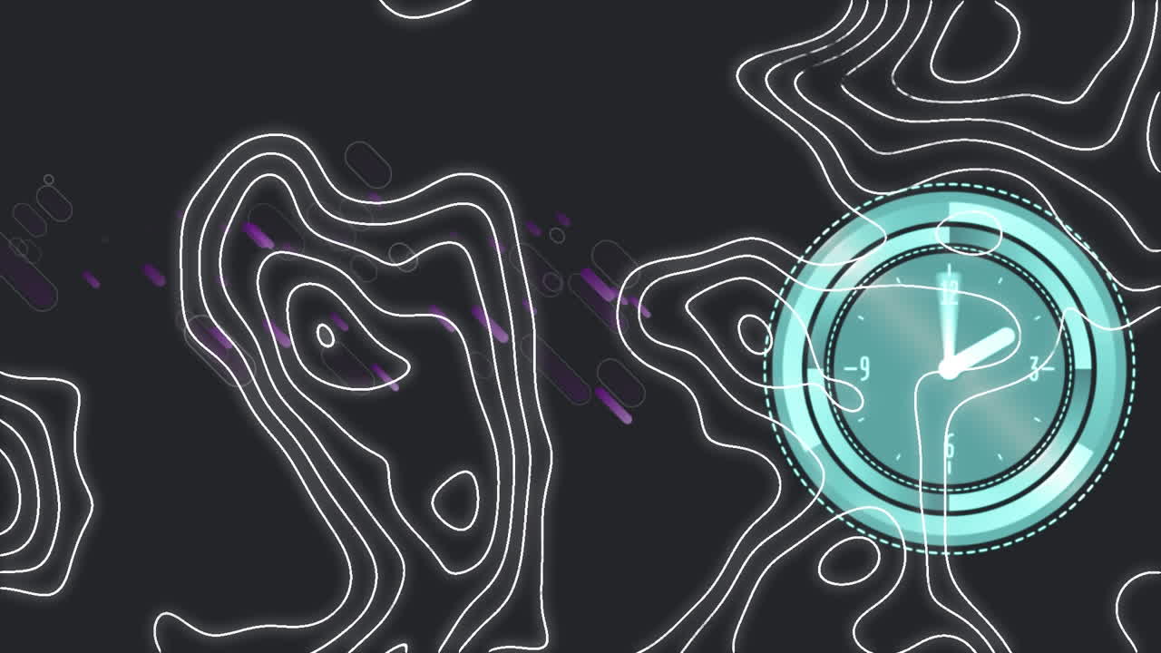 검은색 배경에 선과 보라색 빛 트레일과 시계와 함께 콘페티의 애니메이션