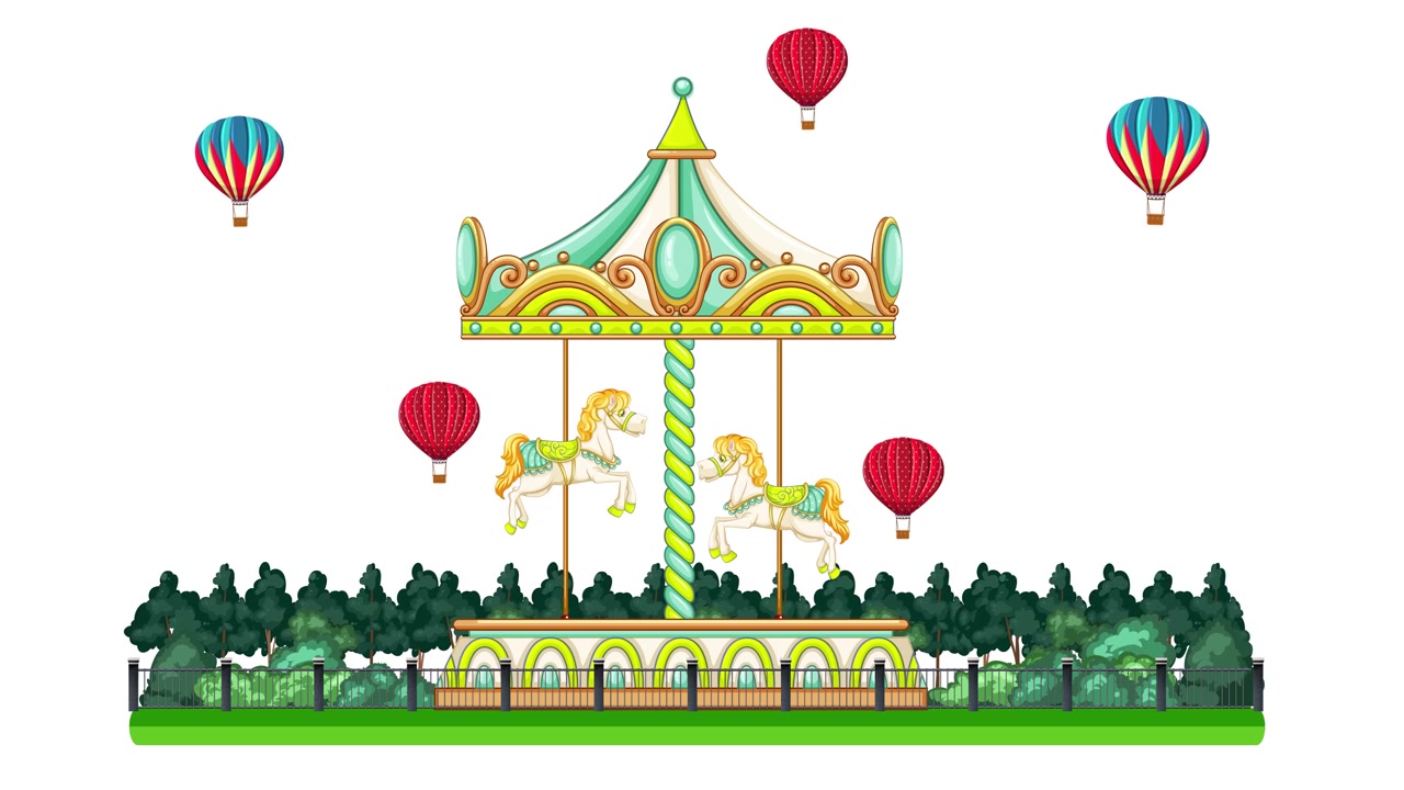 A colorful carousel spins in a park while hot air balloons float against white background