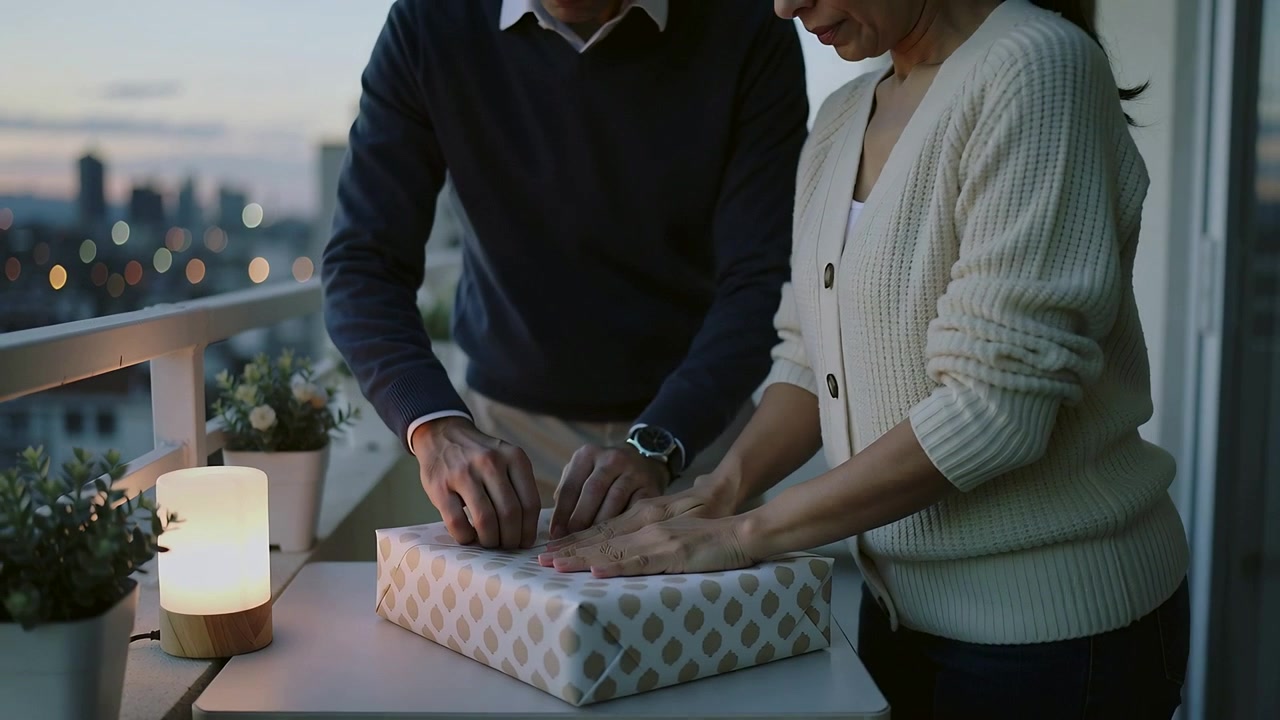 Placing wrapped box, couple wearing sweaters smoothing paper on balcony at dusk preparing gift