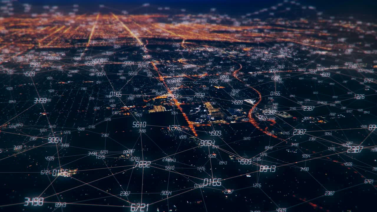 vista aérea de un distrito financiero futurista.