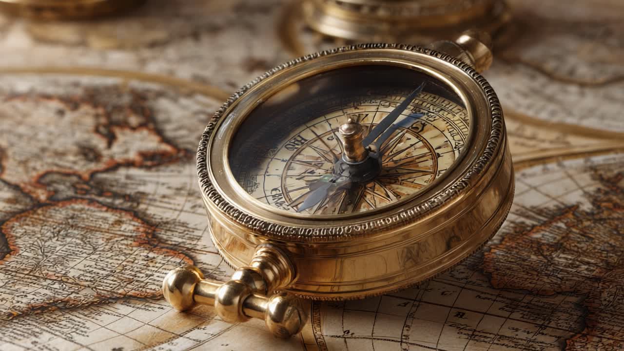A Close-Up View of an Ornate Brass Compass Resting on an Antique Map, Capturing the Intricate Details of Navigation Instruments and Cartography