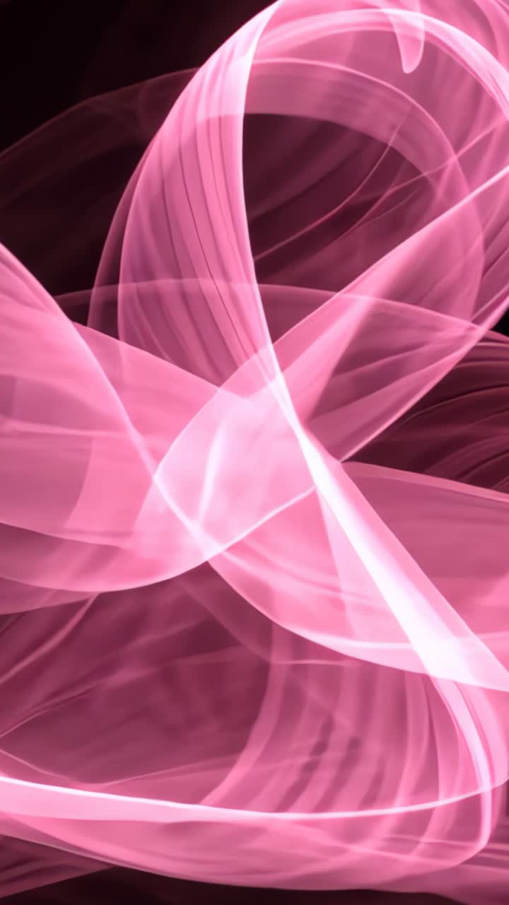 Vertical video: Appearing translucent pink ribbons weaving loops on dark void, pulsing light trails