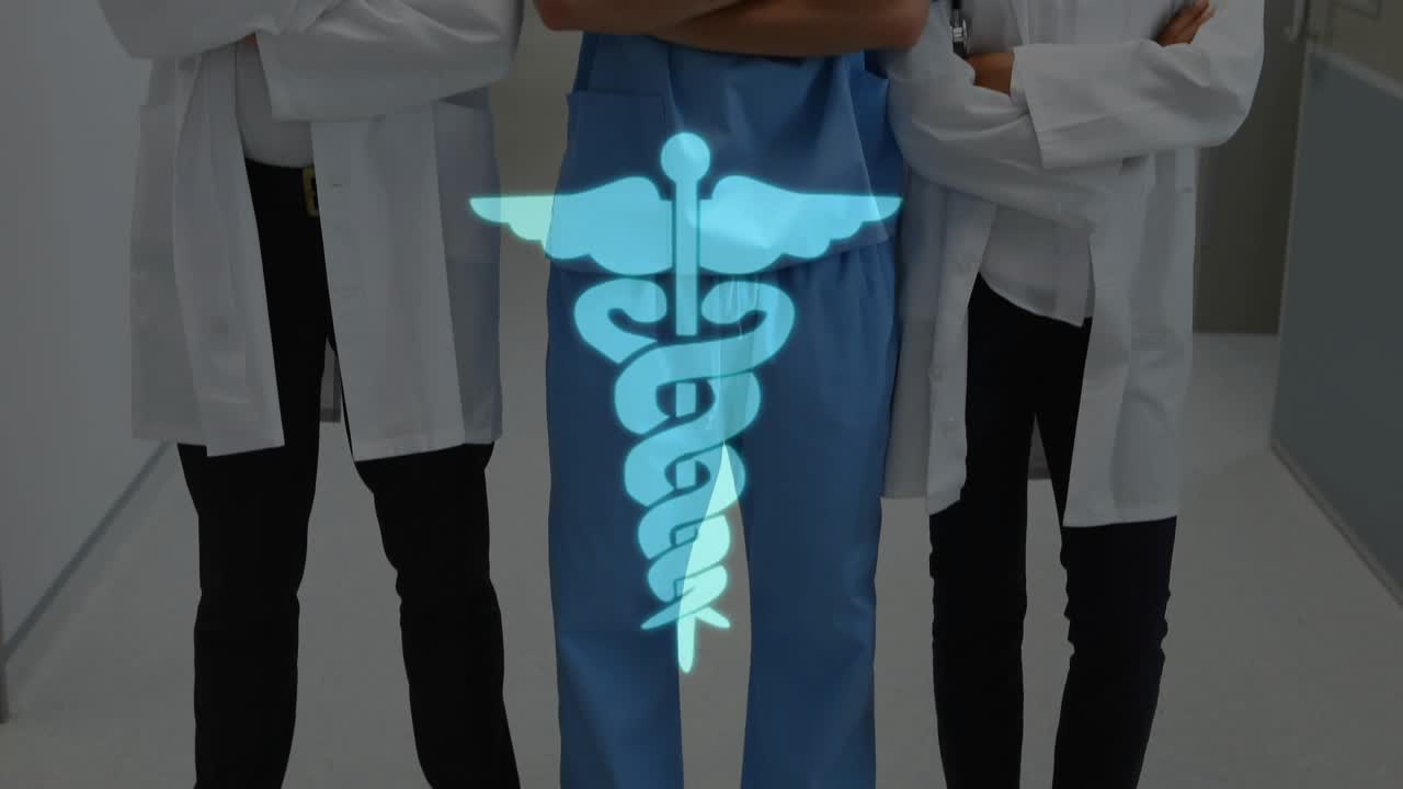 Clinicians standing, caduceus dissolving, brain growing, grid shifting, ECG pulsing for diagnosis