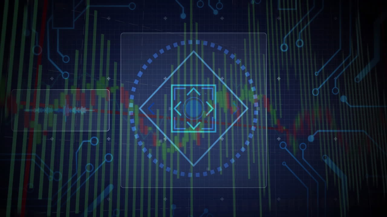 Digital data processing animation over financial graph with geometric shapes