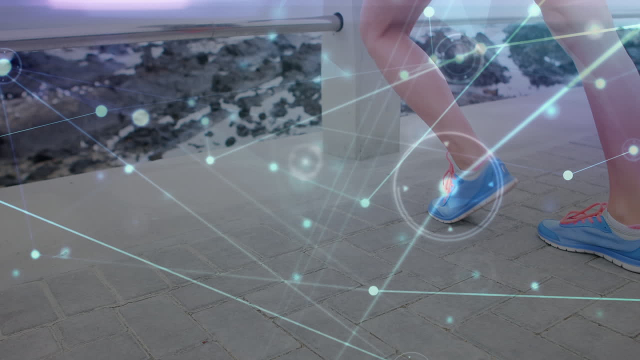 Animation of network lines connecting dots, caucasian woman doing stretch exercise on pier at beach