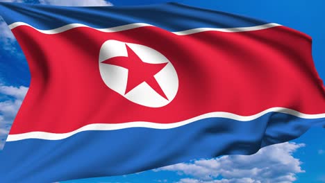 flag of north korea with fabric structure against a cloudy sky, with an alpha channel (loopable)