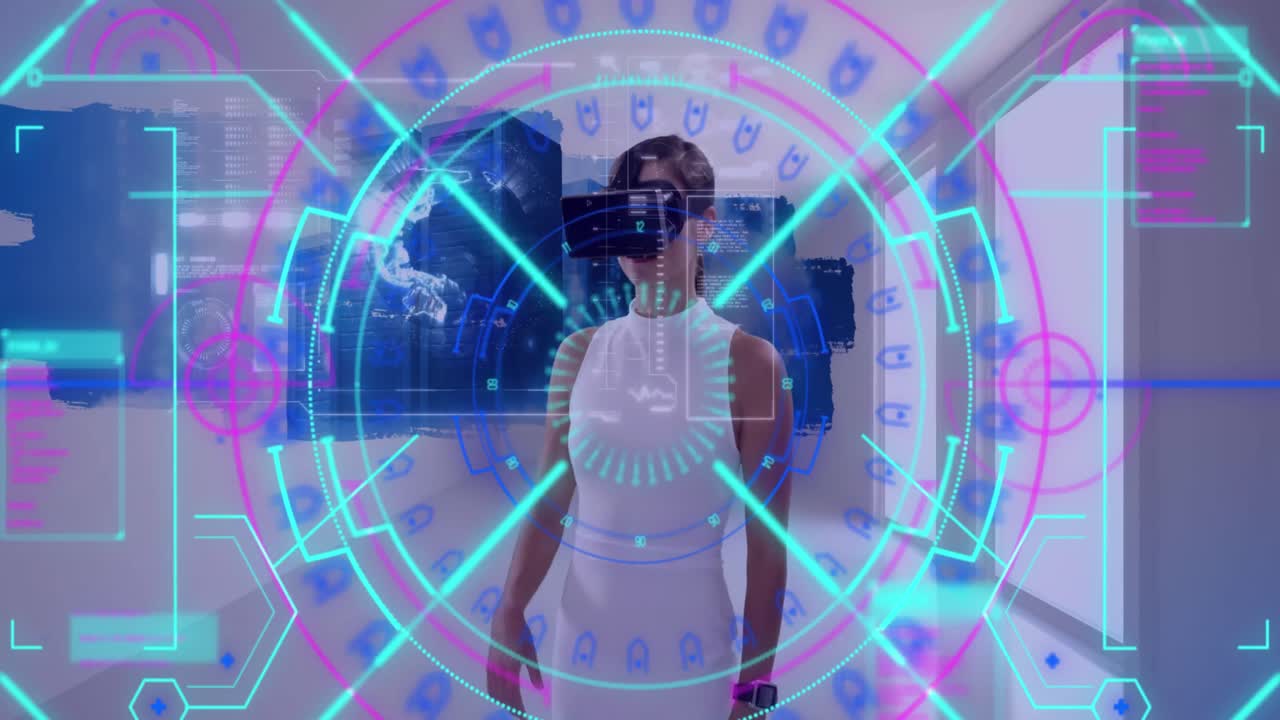 Data processing and scope scanning over woman wearing vr headset touching futuristic screen
