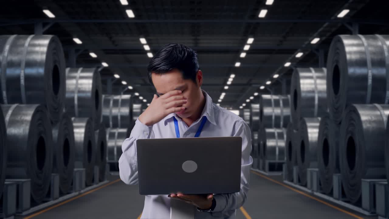 Asian Male Professional Worker Standing With His Laptop with Stacks of Huge Metal Steel Coils in Warehouse, He Is Nodding His Head With Dissapionted