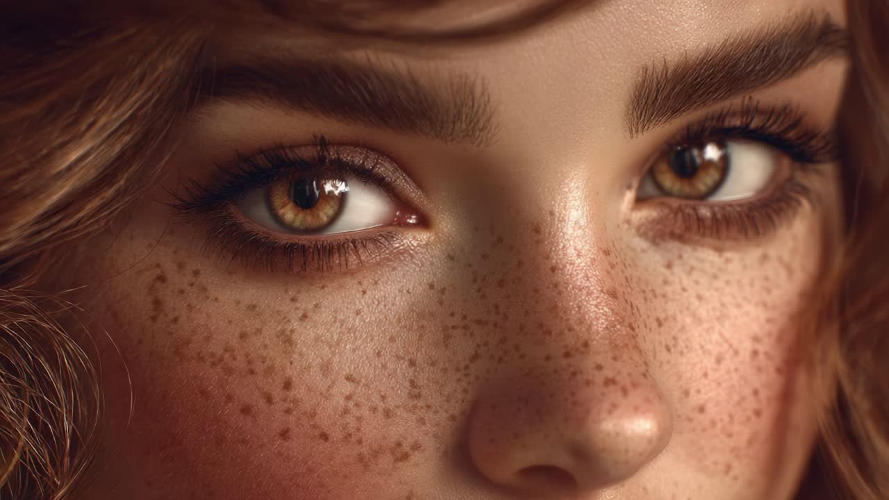 Captivating Close-Up of a Young Woman's Face Highlighting Freckles, Vibrant Eyes, and Expressive Features, Creating an Intimate and Engaging Atmosphere in Portrait Photography