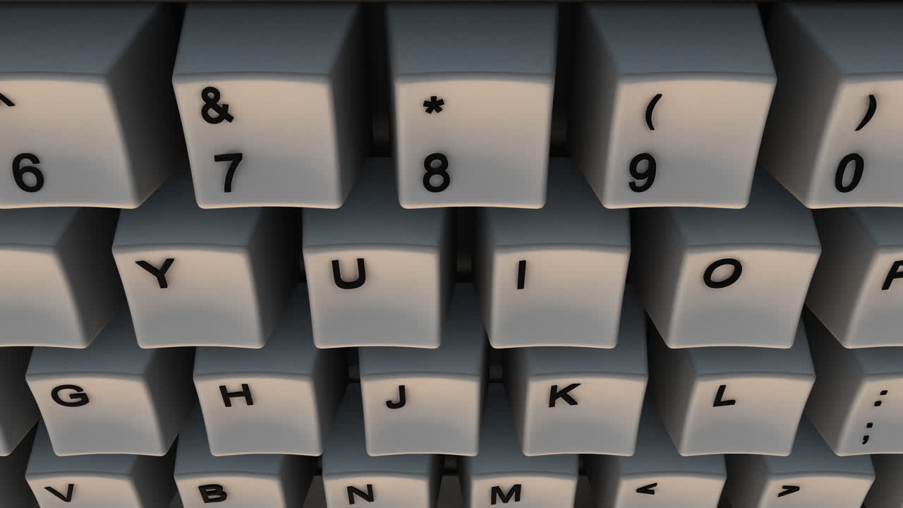 Fast Moving Tracking Shot Along Computer Keyboard with Dynamic Lighting with All Classic Keys Visible. Great for business presentations, online education, and workplace productivity. 4K Animation